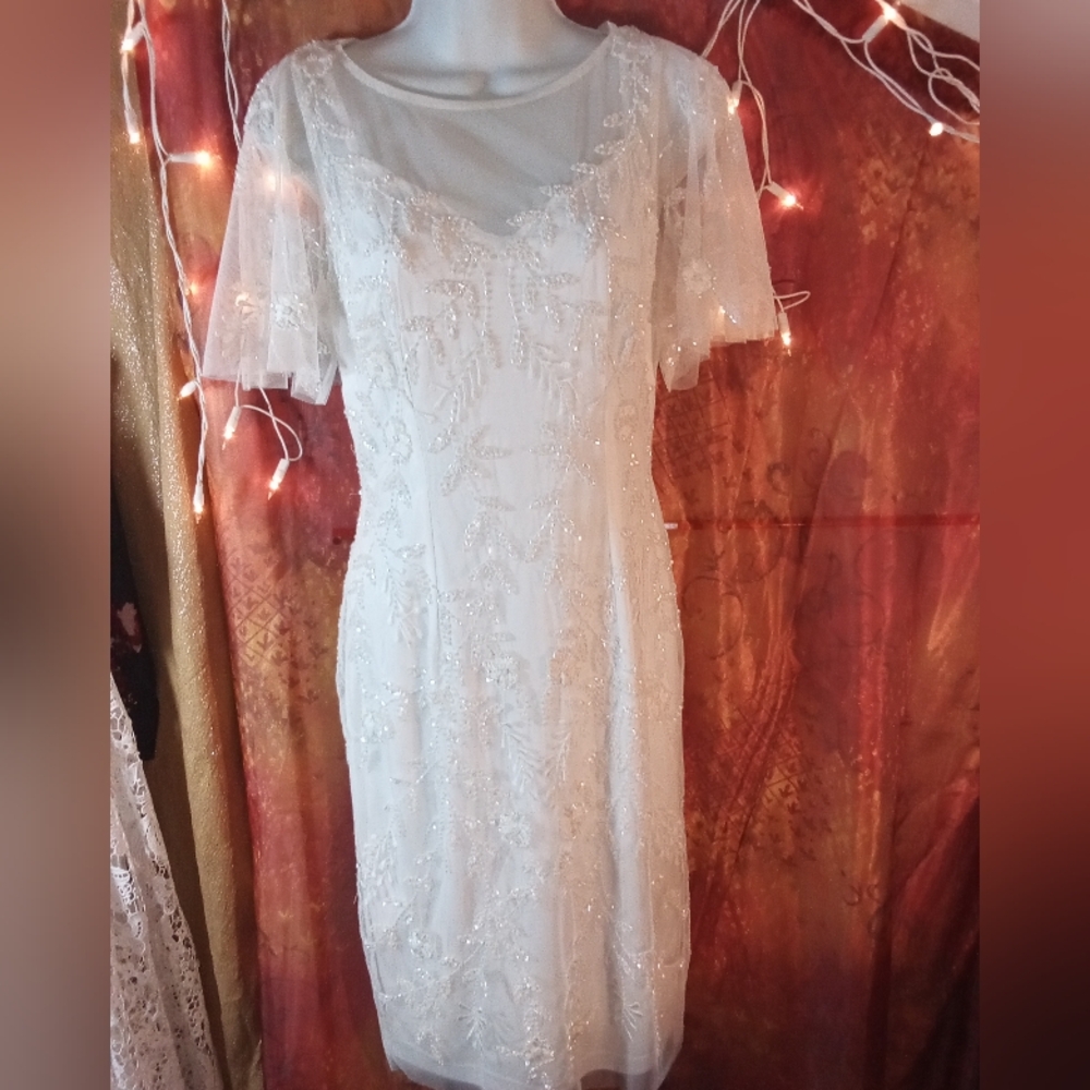 Elegant White Floral Embellished Dress By Adriana Perelli